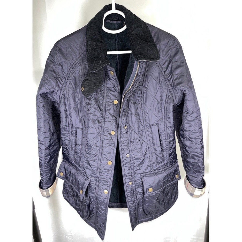 Barbour Quilted Jacket Navy Blue Corduroy Collar Fleece Lined Tartan Trim Size 8
